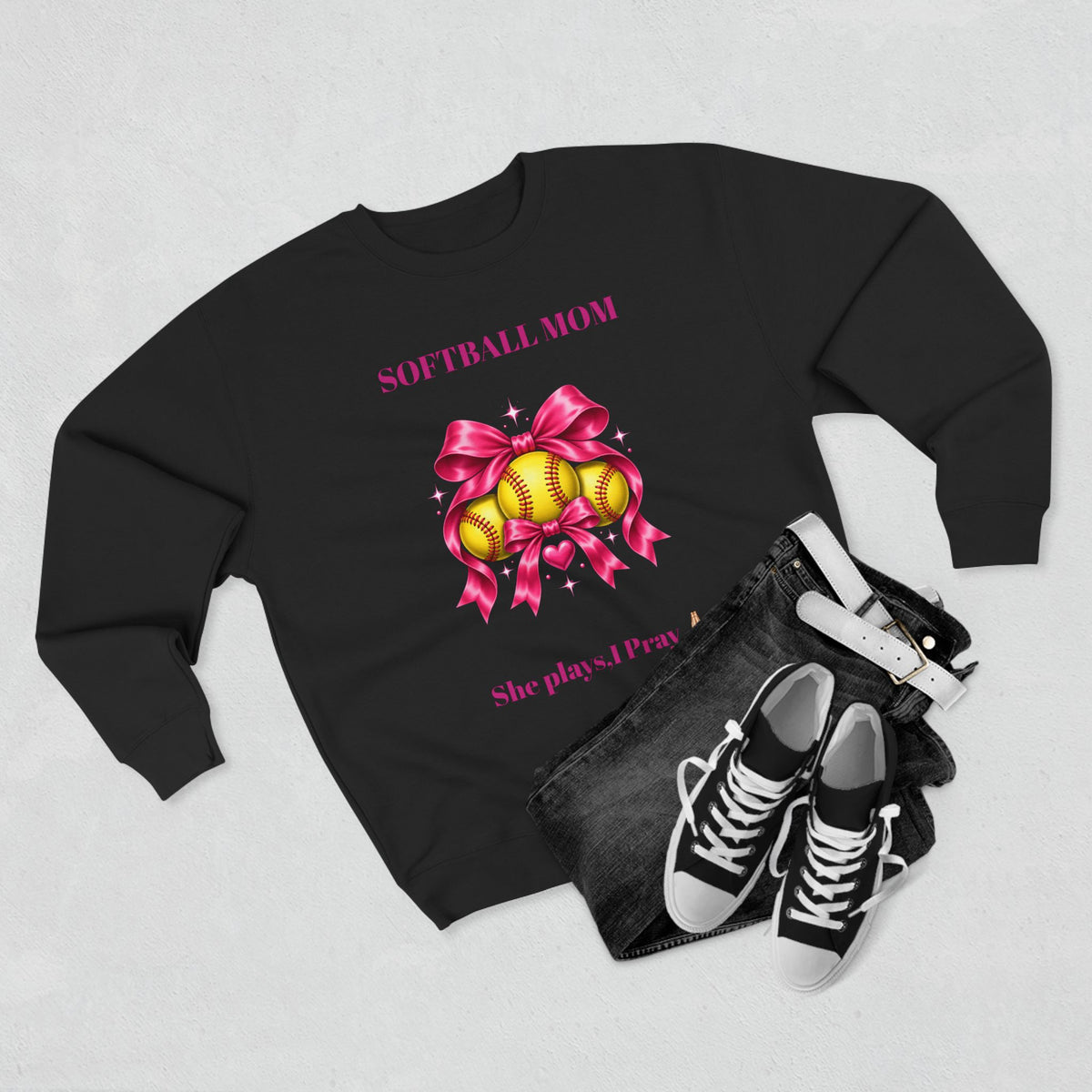 Softball mom sweatshirt ~ she plays, I pray/ pink bow Softball crewneck