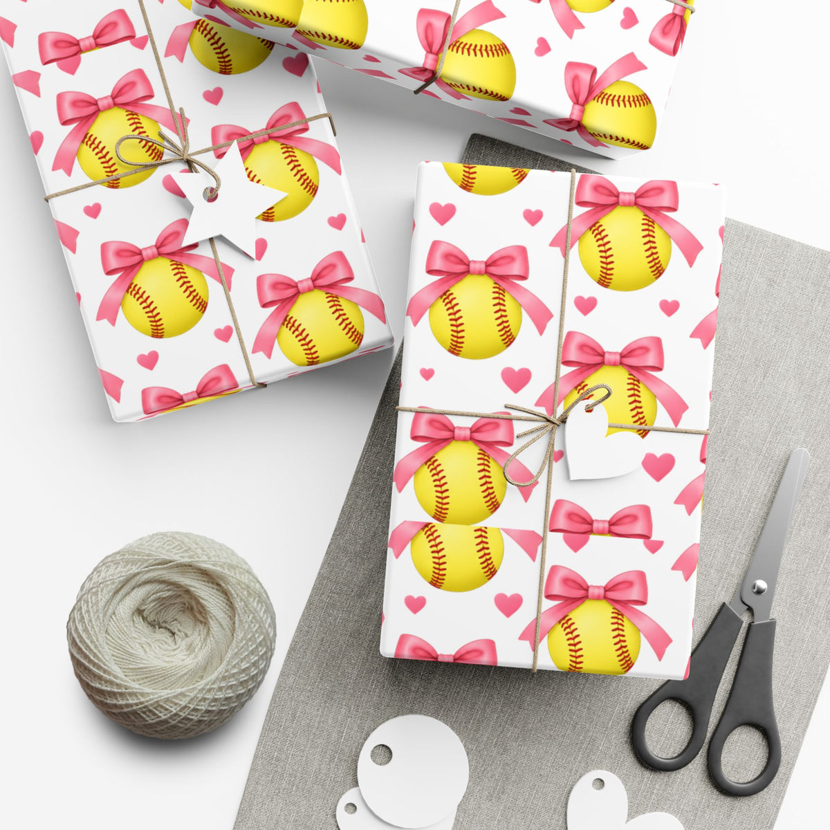 Softball girl, wrapping paper-pink bows and yellow softballs