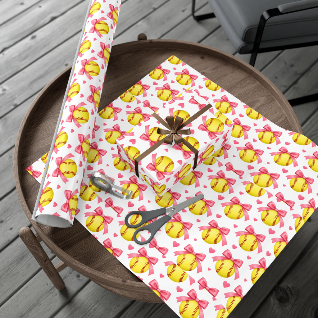 Softball girl, wrapping paper-pink bows and yellow softballs