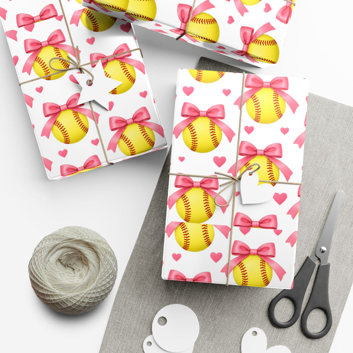 Softball girl, wrapping paper-pink bows and yellow softballs
