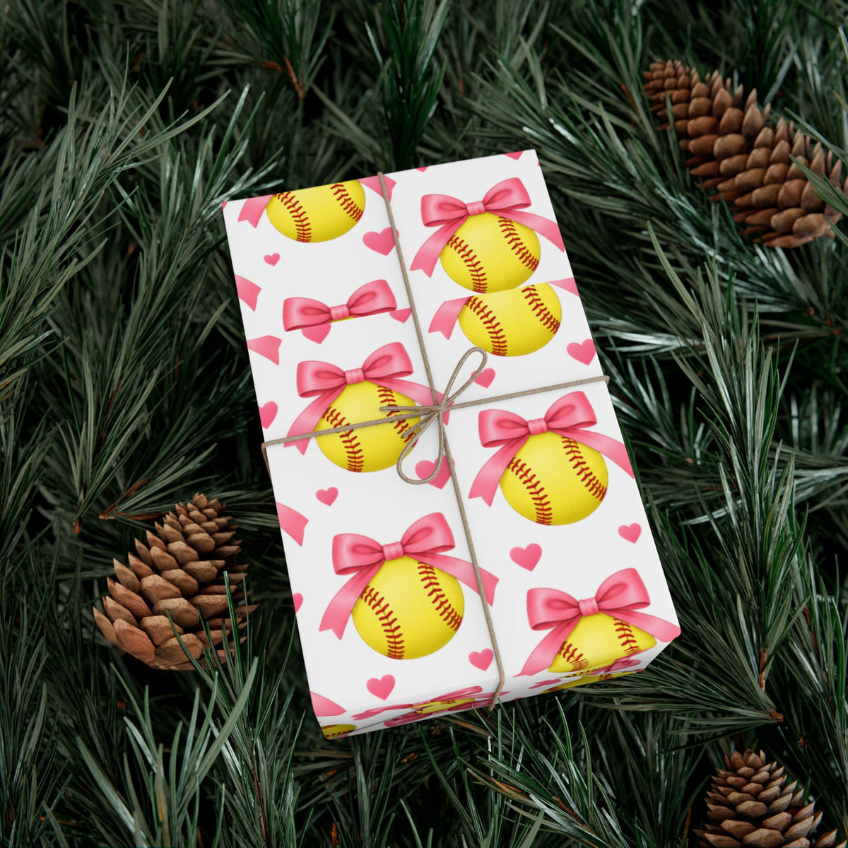 Softball girl, wrapping paper-pink bows and yellow softballs