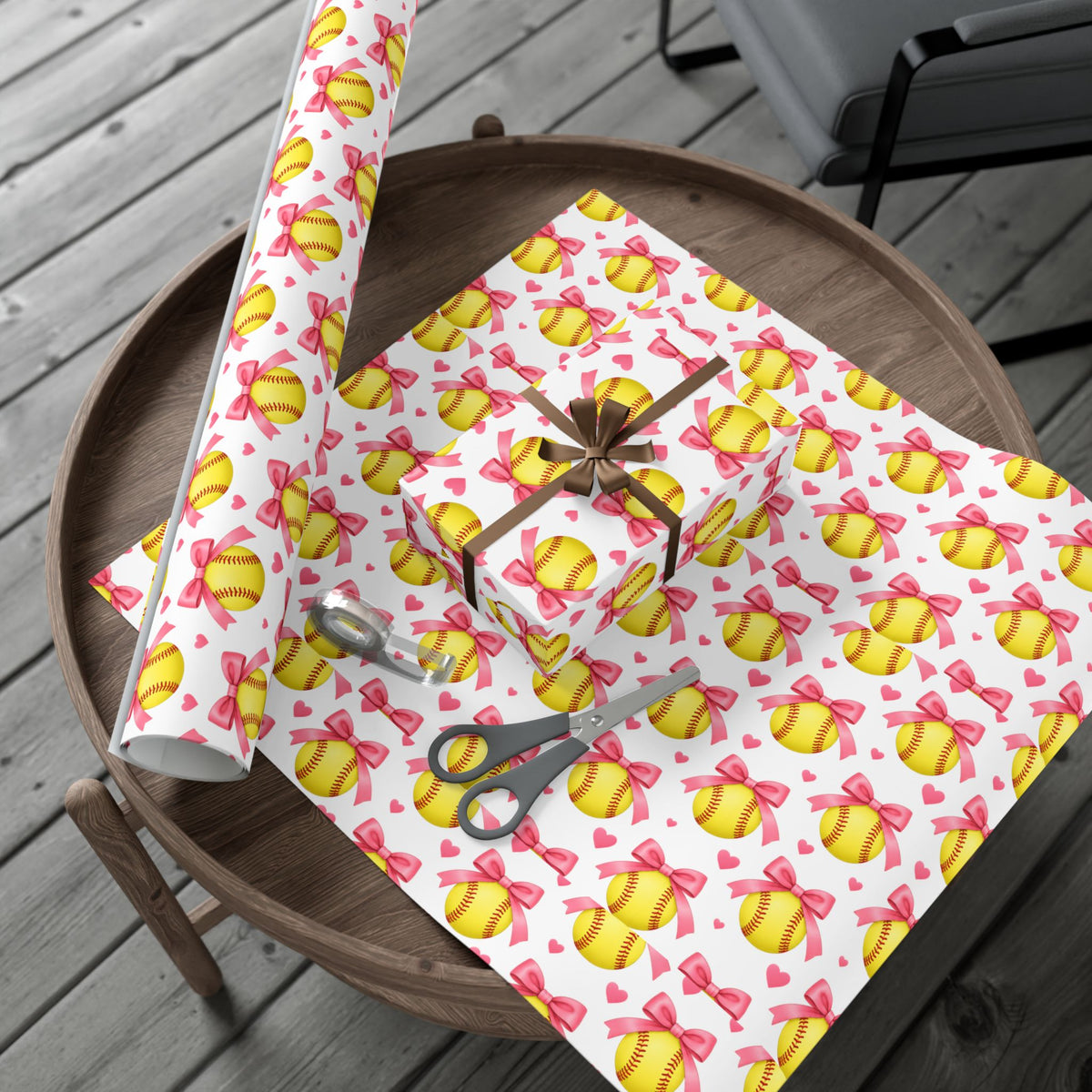 Softball girl, wrapping paper-pink bows and yellow softballs