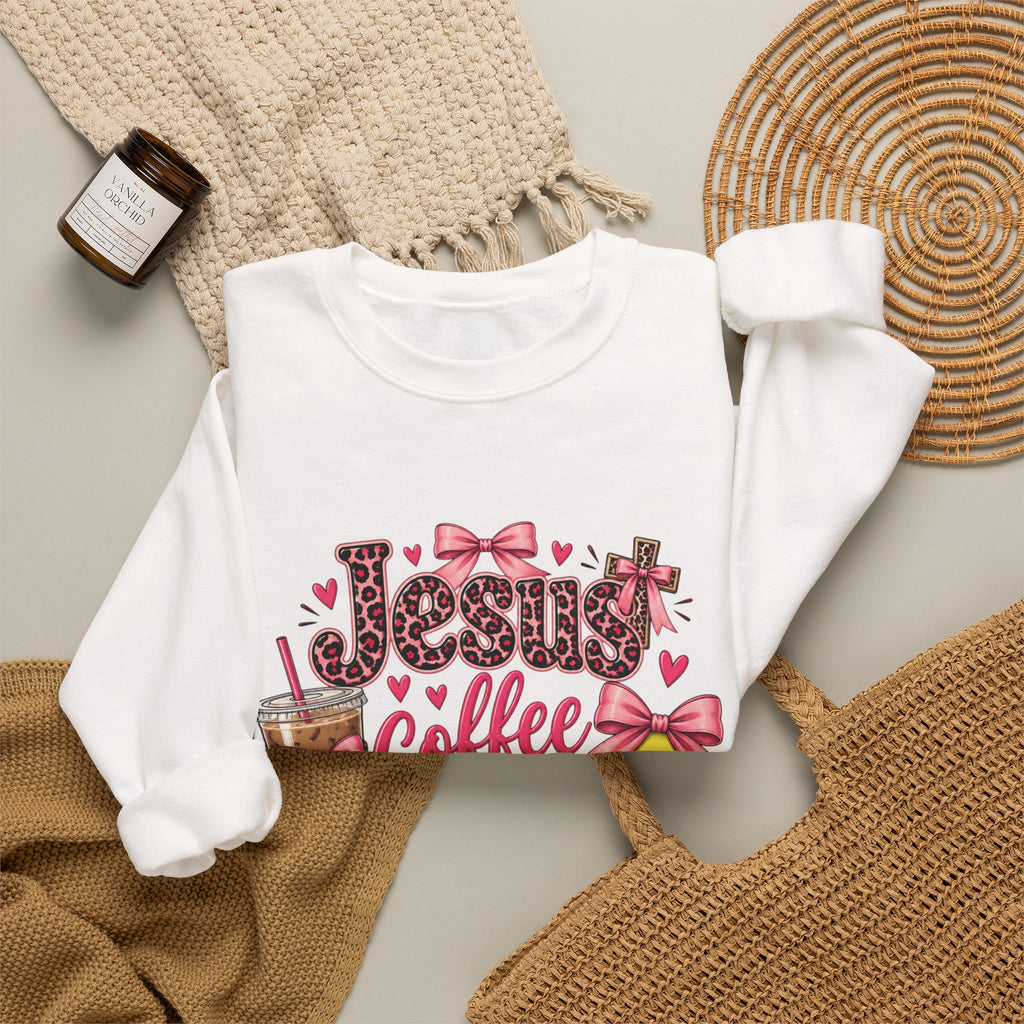 Faith, coffee, and Softball-pink bow, leopard print crewneck sweatshirt