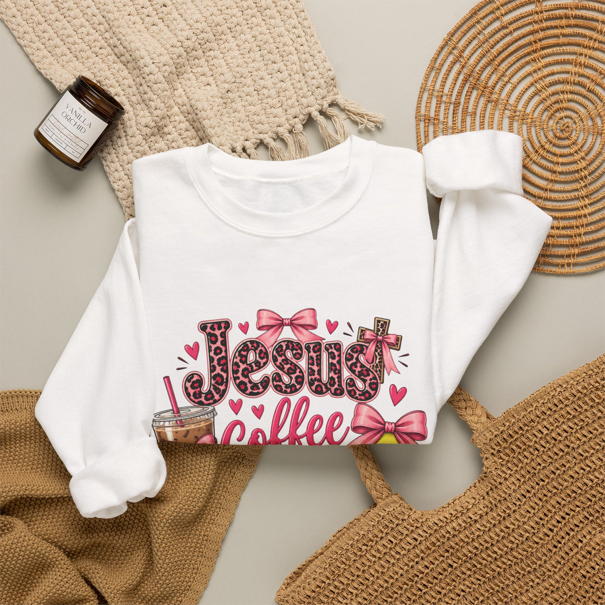 Faith, coffee, and Softball-pink bow, leopard print crewneck sweatshirt