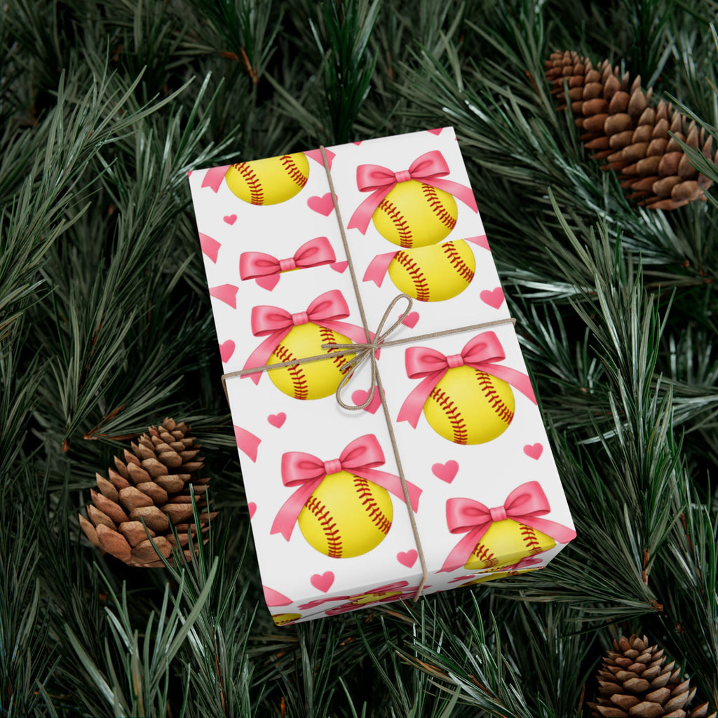 Softball girl, wrapping paper-pink bows and yellow softballs