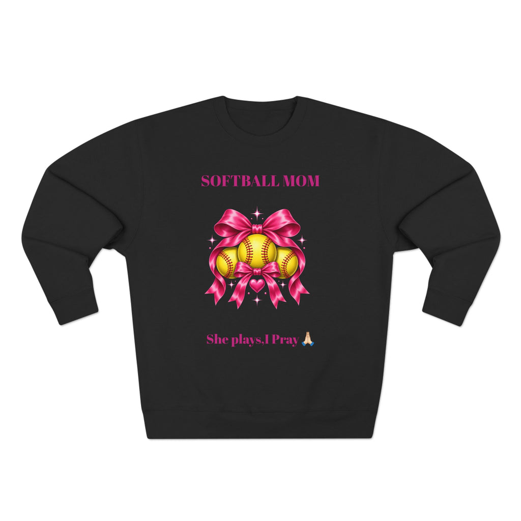 Softball mom sweatshirt ~ she plays, I pray/ pink bow Softball crewneck