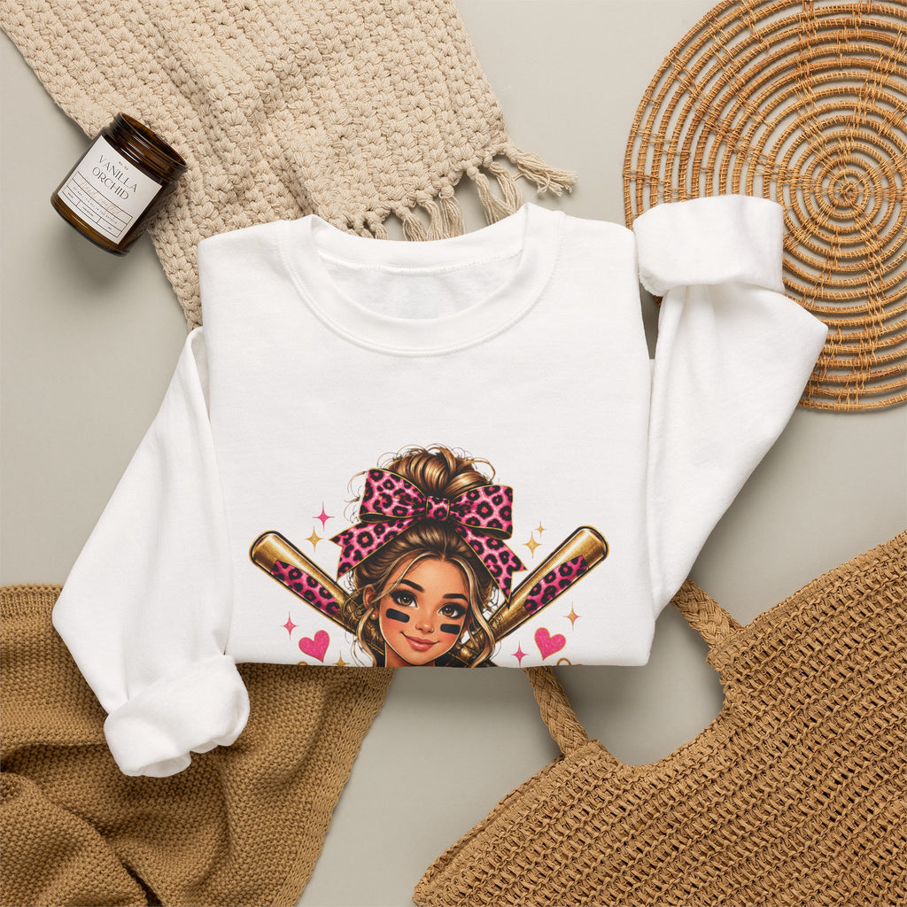 Messy bun and home run sweatshirt/pink leopard bowl softball crewneck