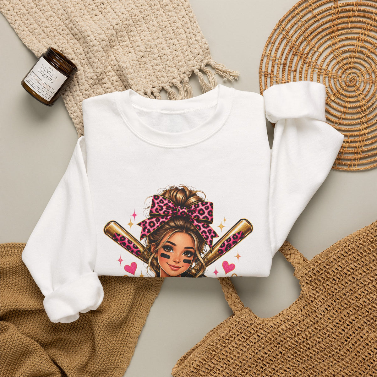 Messy bun and home run sweatshirt/pink leopard bowl softball crewneck