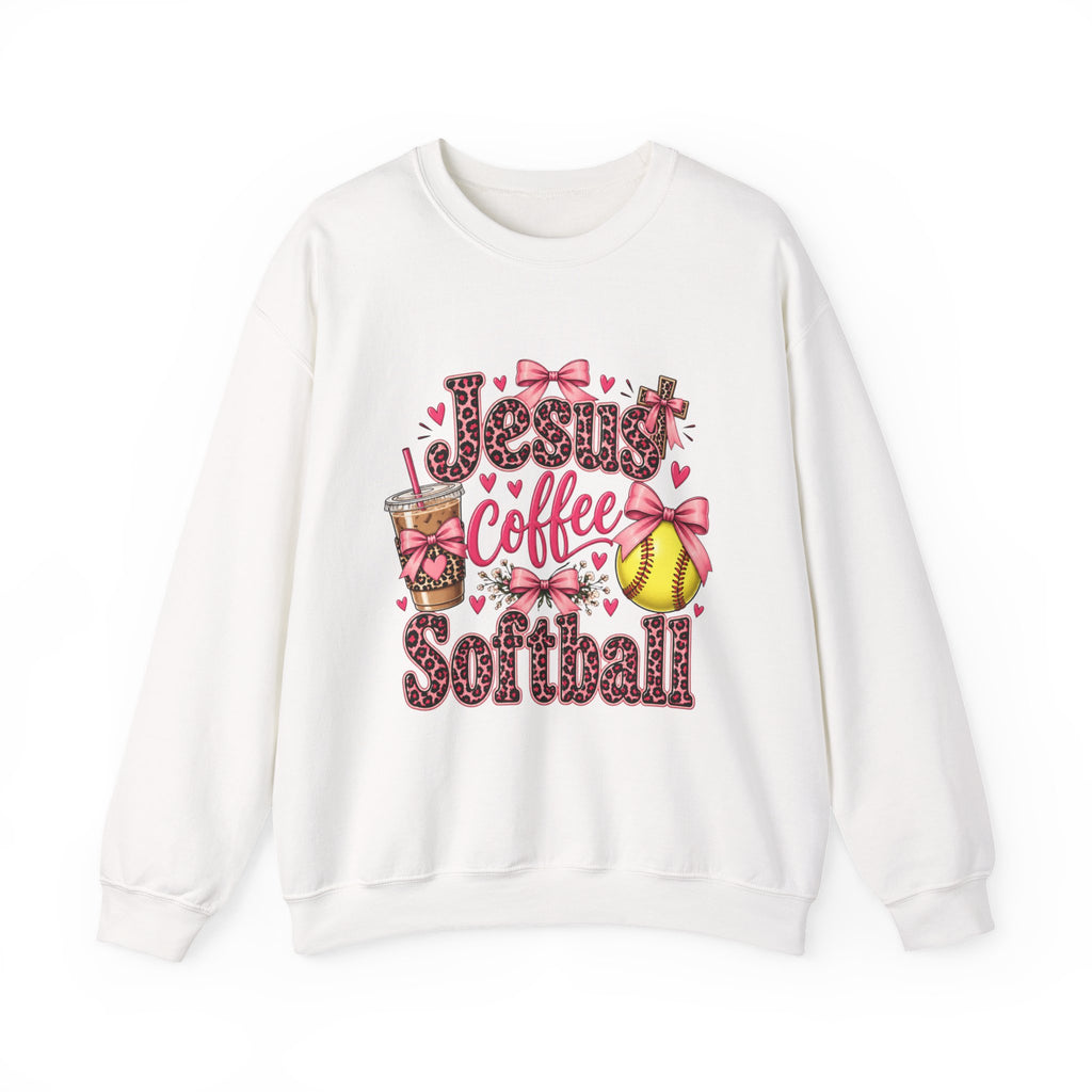 Faith, coffee, and Softball-pink bow, leopard print crewneck sweatshirt