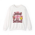 Faith, coffee, and Softball-pink bow, leopard print crewneck sweatshirt