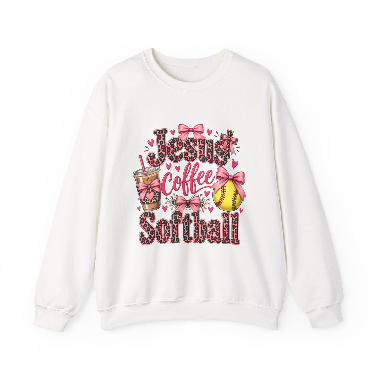 Faith, coffee, and Softball-pink bow, leopard print crewneck sweatshirt