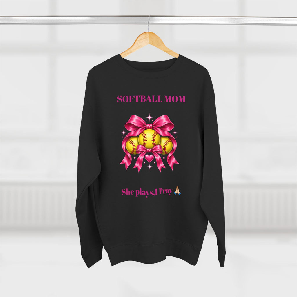 Softball mom sweatshirt ~ she plays, I pray/ pink bow Softball crewneck