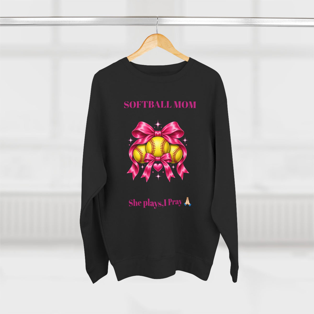Softball mom sweatshirt ~ she plays, I pray/ pink bow Softball crewneck