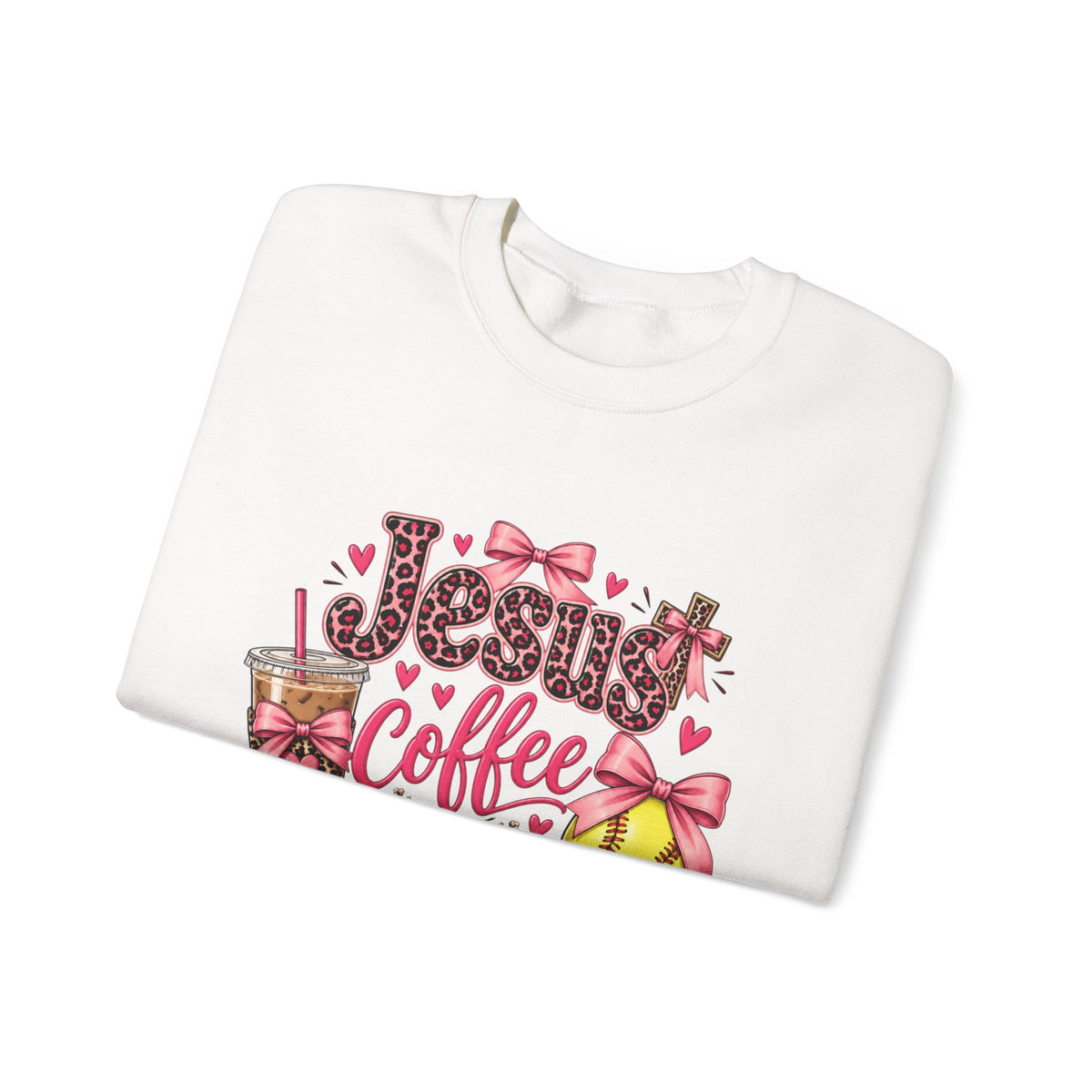 Faith, coffee, and Softball-pink bow, leopard print crewneck sweatshirt